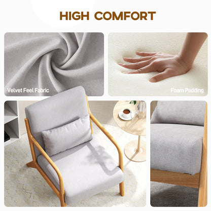 Fabric Lounge Chair, Velvet Armchair, Retro Accent Chair with Wood Legs and Thick Padding for Bedroom, Grey