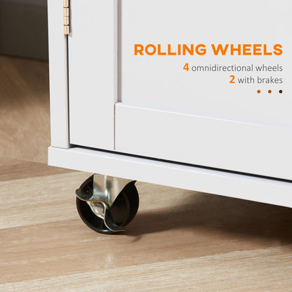 Rolling Kitchen Island with Storage, Kitchen Cart with Rubber Wood Top, Adjustable Shelf, Towel Rack, Hooks and Storage Drawers, White