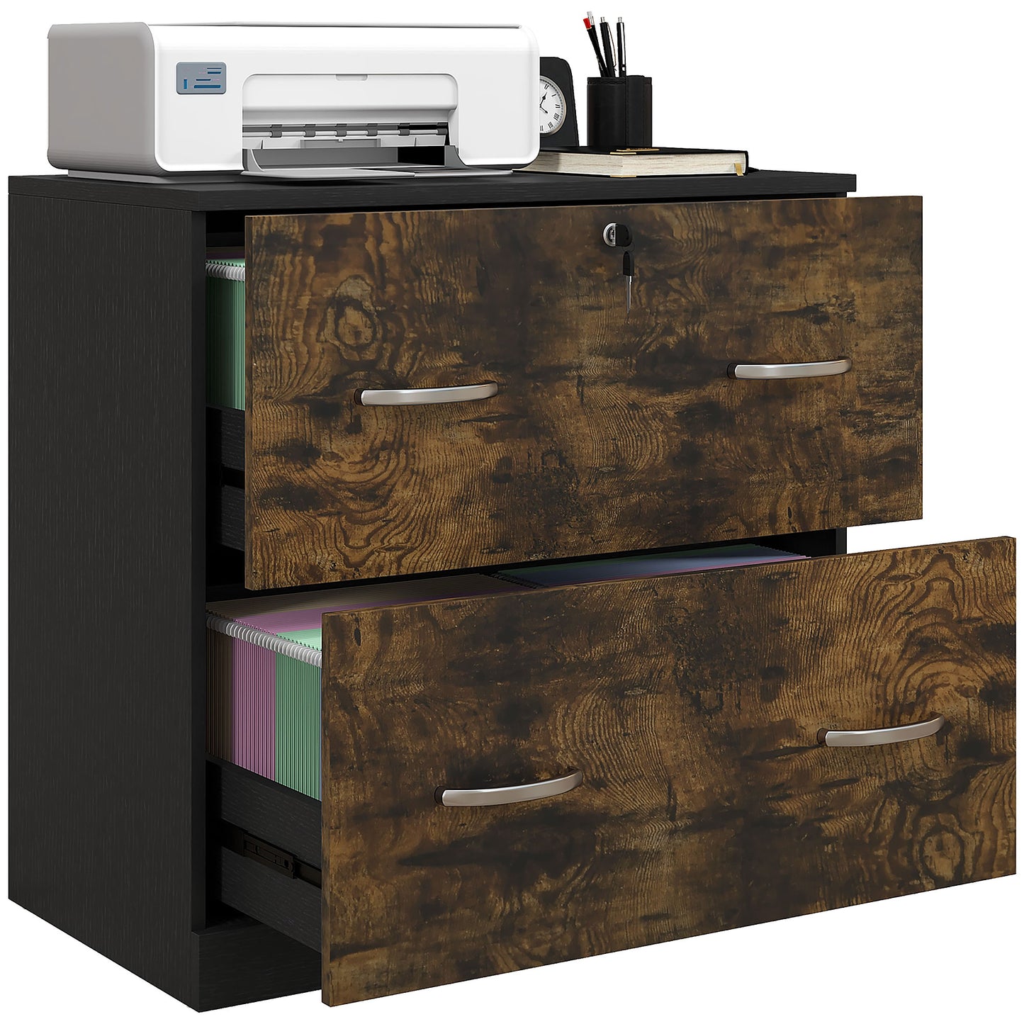 2 Drawer File Cabinet with Lock, Office Filing Cabinet, Hanging Bar for Letter Size, Home Office, Rustic Brown