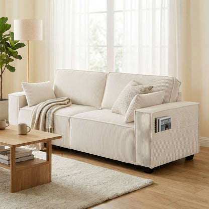 86" 3 Seater Sofa, Modern Corduroy Upholstered Couch, Beige