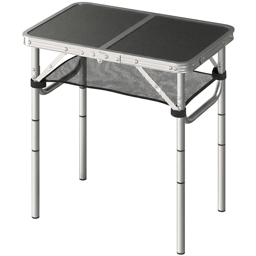 2ft Folding Camping Table, Picnic Table with Mesh Storage Layer, 4 Adjustable Heights and Carrying Handle, Black