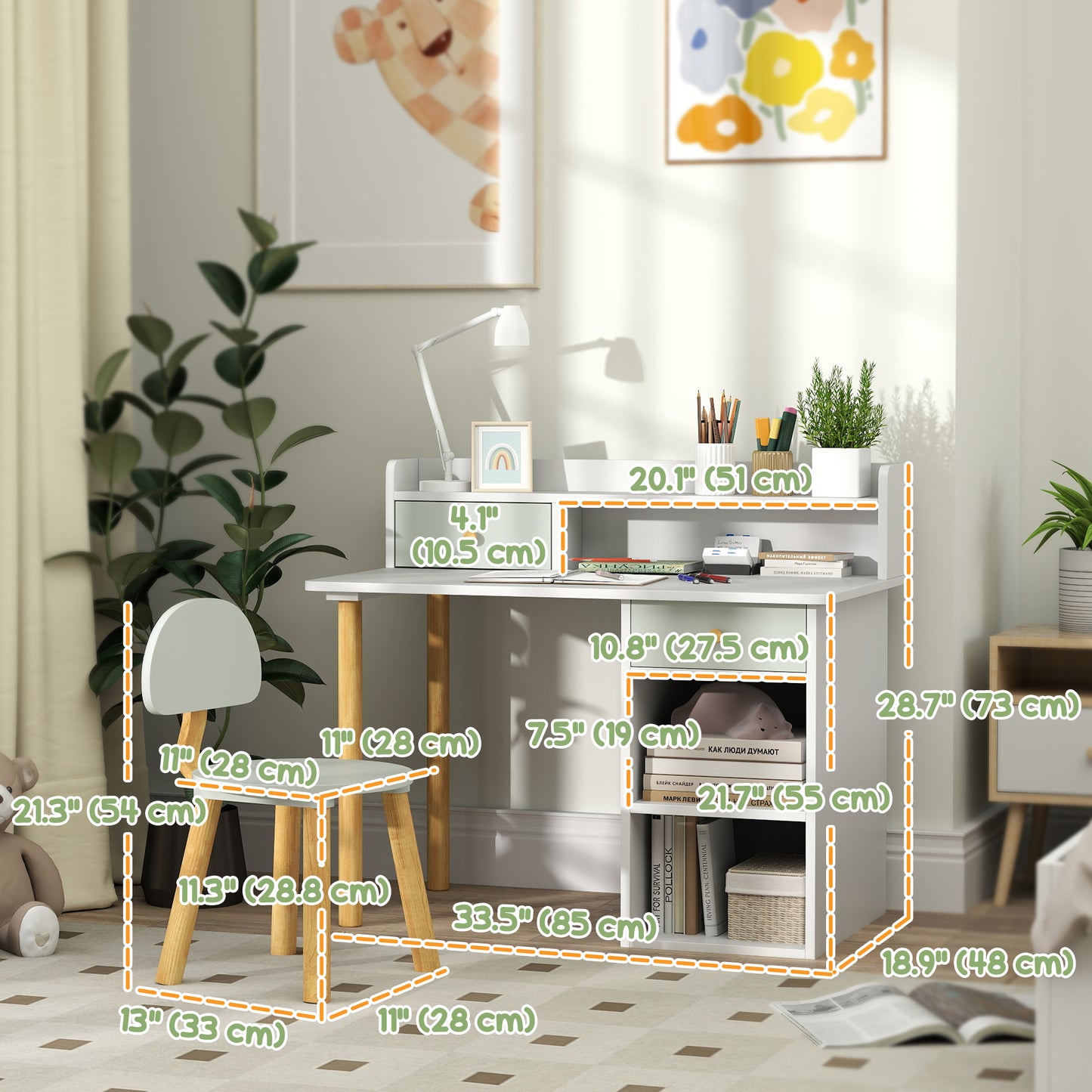 Qaba Kids Study Table and Chair Set, Kids Desk and Chair Set w/ Storage and Shelves, for 3-8 Year Old, Green