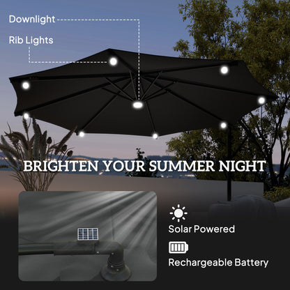8.8FT Cantilever Patio Umbrella with Solar Powered LED Lights, Crank Handle, Cross Base for Outdoor Sun Shade, Grey