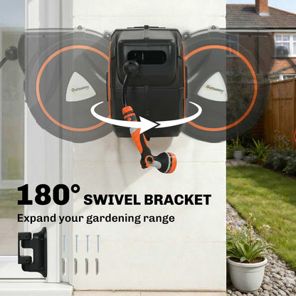 Retractable Garden Hose Reel, 1/2" x 92ft Wall Mounted Hose Reel with 12-Pattern Nozzles, Auto Retraction, Self-Locking
