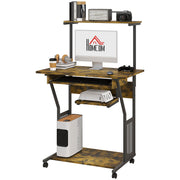 32" Mobile Computer Table, Rolling Study Desk for Home Office with Keyboard Tray, Storage Shelves, Wheels, Rustic Brown