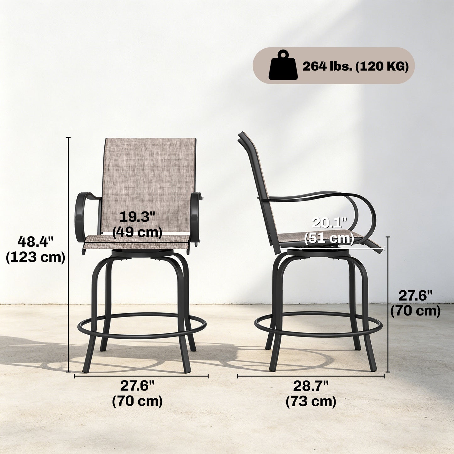 Outdoor Bar Stools Set of 2, 360° Swivel Bar Height Chairs, 26.8" x 29.5" x 48.4", Tan
