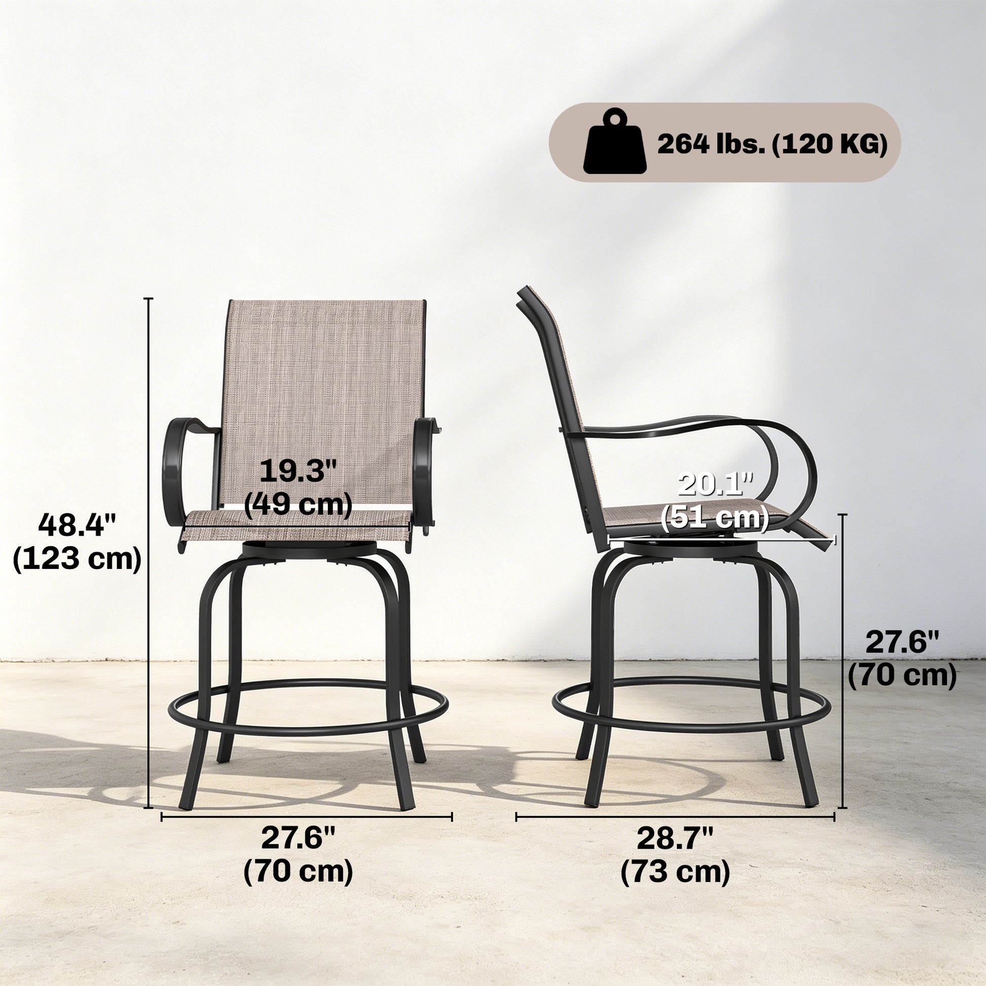 Outdoor Bar Stools Set of 2, 360° Swivel Bar Height Chairs, 26.8" x 29.5" x 48.4", Tan
