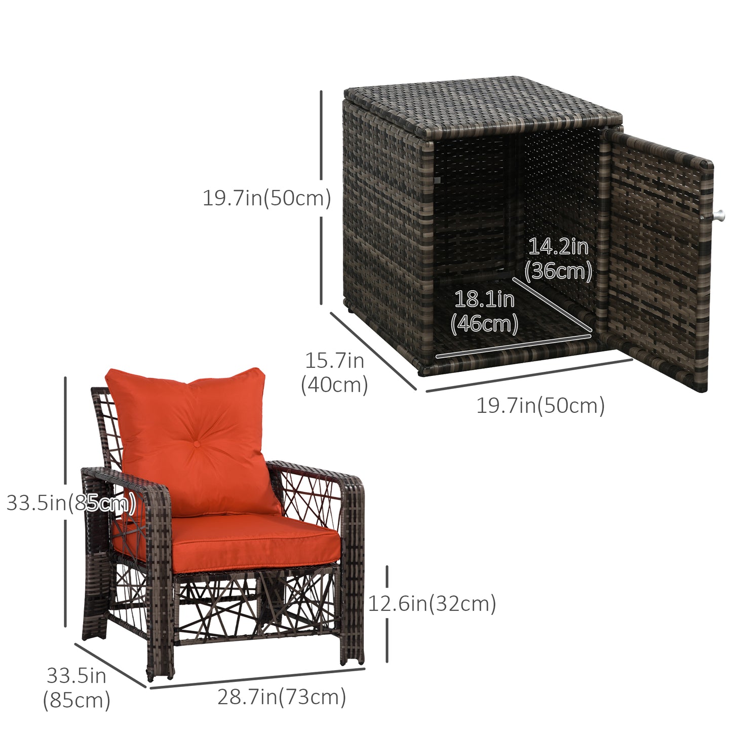 3 Pieces Wicker Patio Furniture Set, Rattan Bistro Set with Storage Coffee Table and Thickened Cushions, Outdoor Conversation Set for Garden, Porch, Balcony, Red