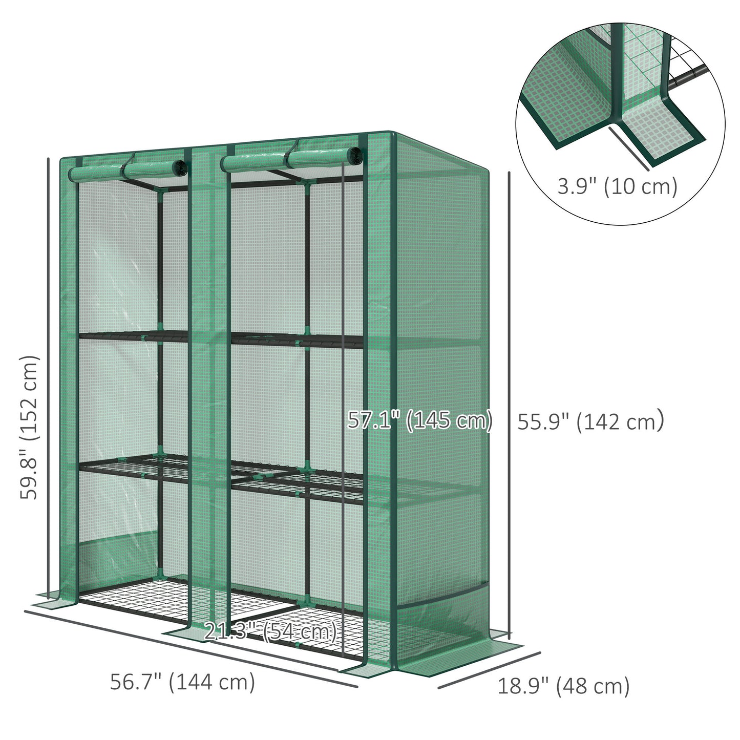 Lean-to Greenhouse with 3 Tier Shelves, Mini Greenhouse with 2 Roll-Up Doors for Indoor Outdoor, Green