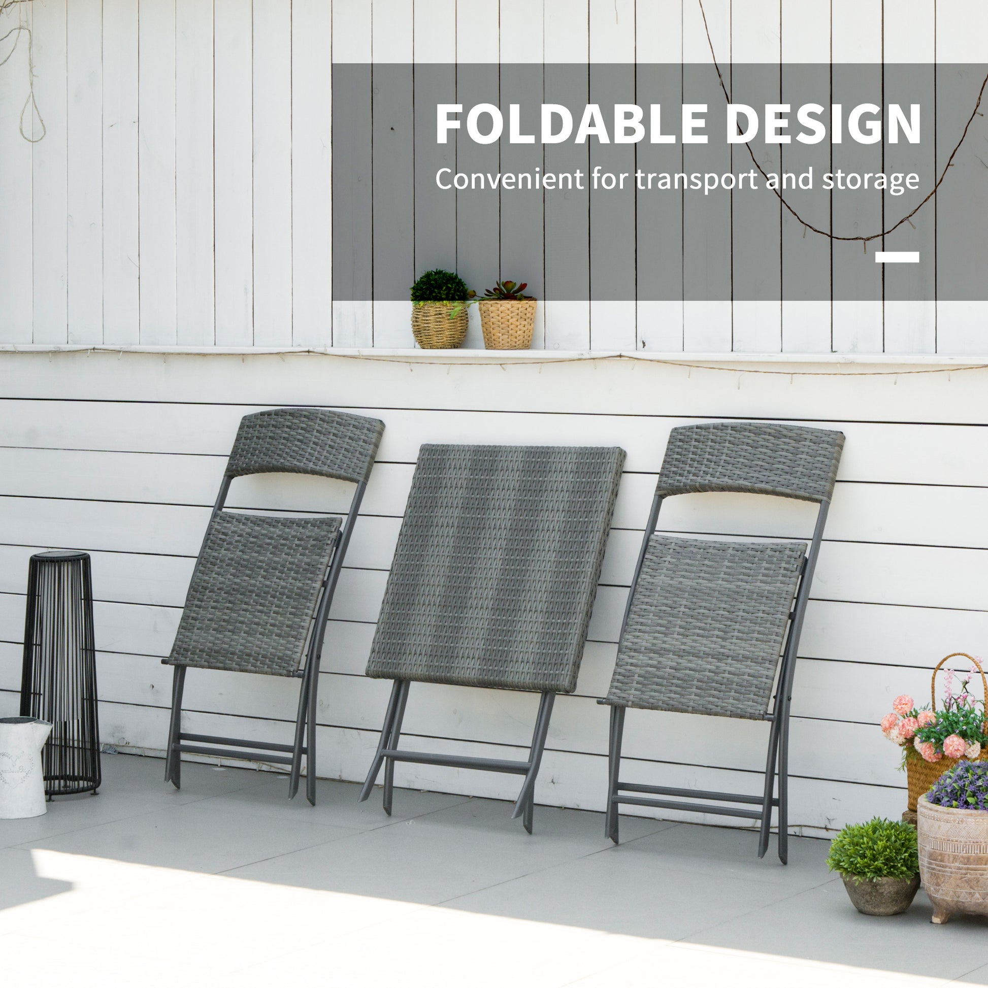 3-Piece Outdoor Folding Rattan Bistro Set, Grey