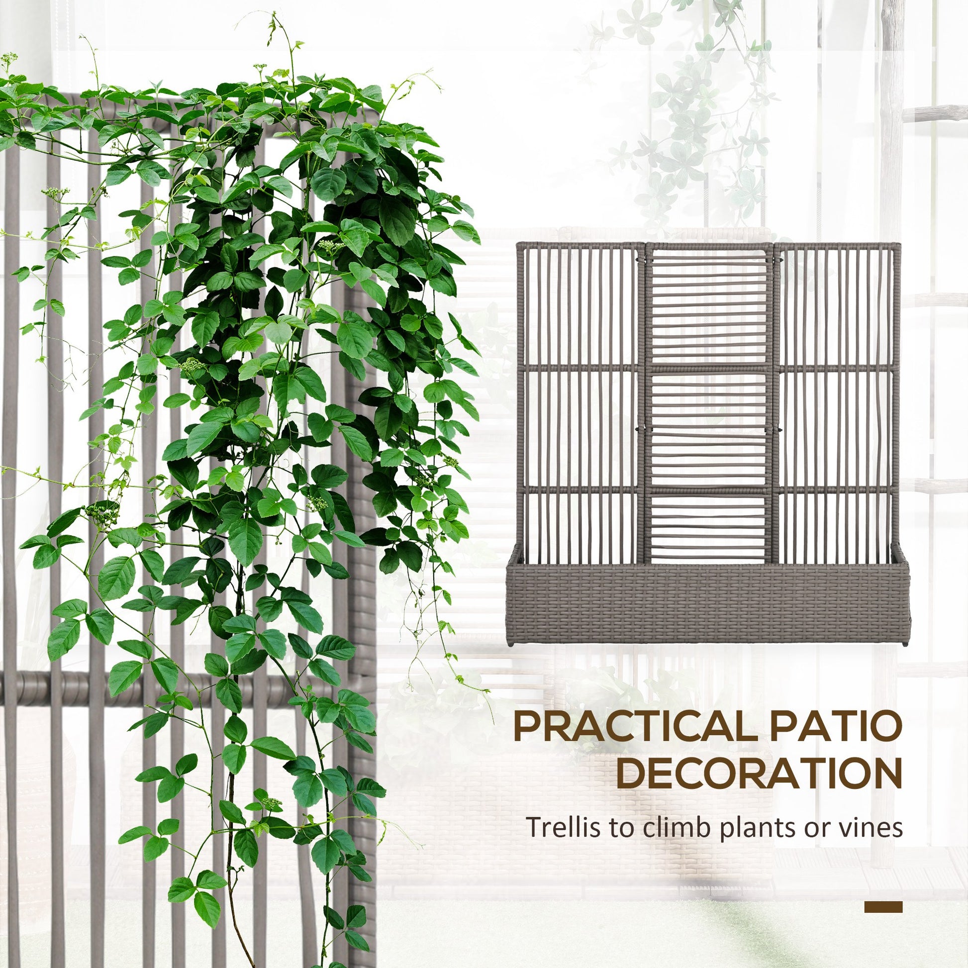 Raised Garden Bed with Lattice Trellis, Rattan Outdoor Planter with Storage for Garden, Patio, Balcony, Grey