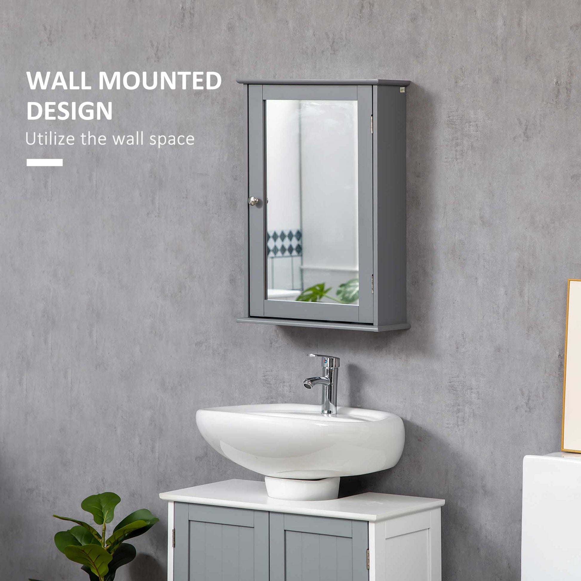 Bathroom Mirror Cabinet, Wall Mounted Medicine Cabinet with Door and Shelves, Grey
