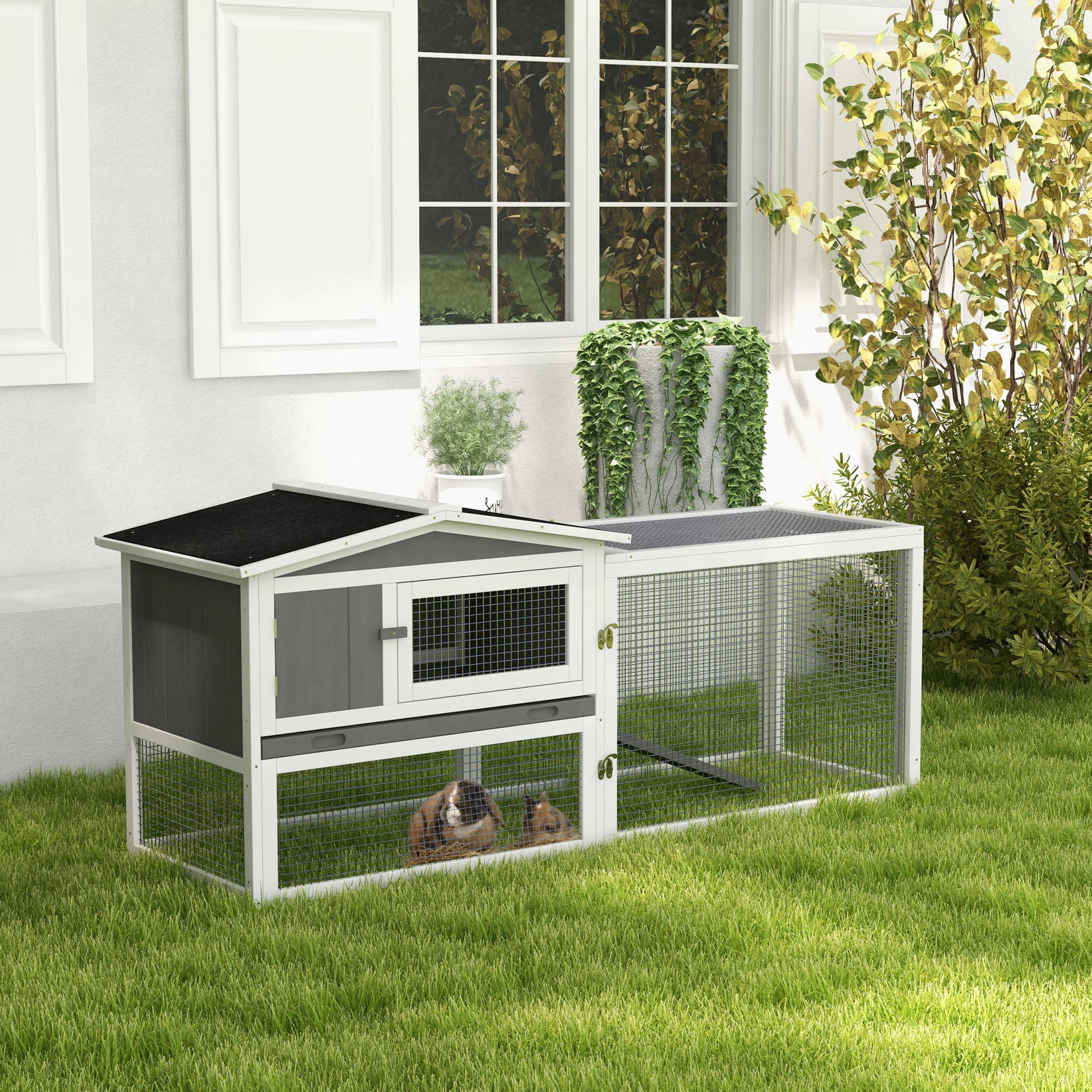 Wooden Rabbit Hutch Guinea Pig House with Removable Tray, Openable Roof, Trough, Run for Tortoises and Ferrets, Grey