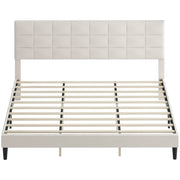 King Size Bed Frame with Upholstered Headboard, Modern Platform Bed Frame with Wood Slats, 1100 lbs Capacity, Cream White