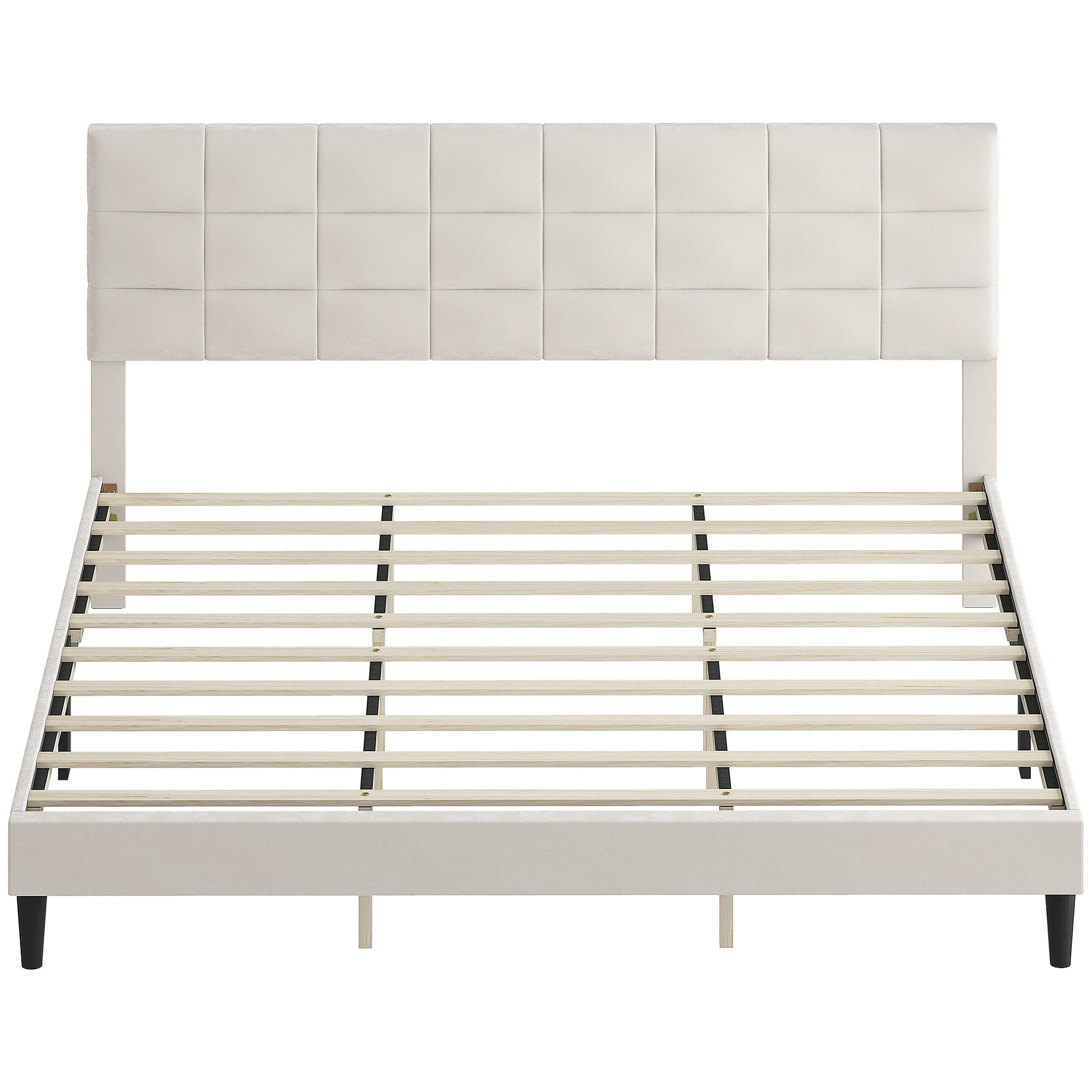 King Size Bed Frame with Upholstered Headboard, Modern Platform Bed Frame with Wood Slats, 1100 lbs Capacity, Cream White