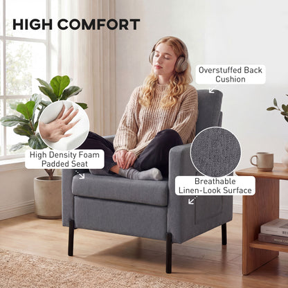 Accent Chair Modern Upholstered Armchair with Side Pockets and Cushion for Bedroom, Living Room, Dark Grey