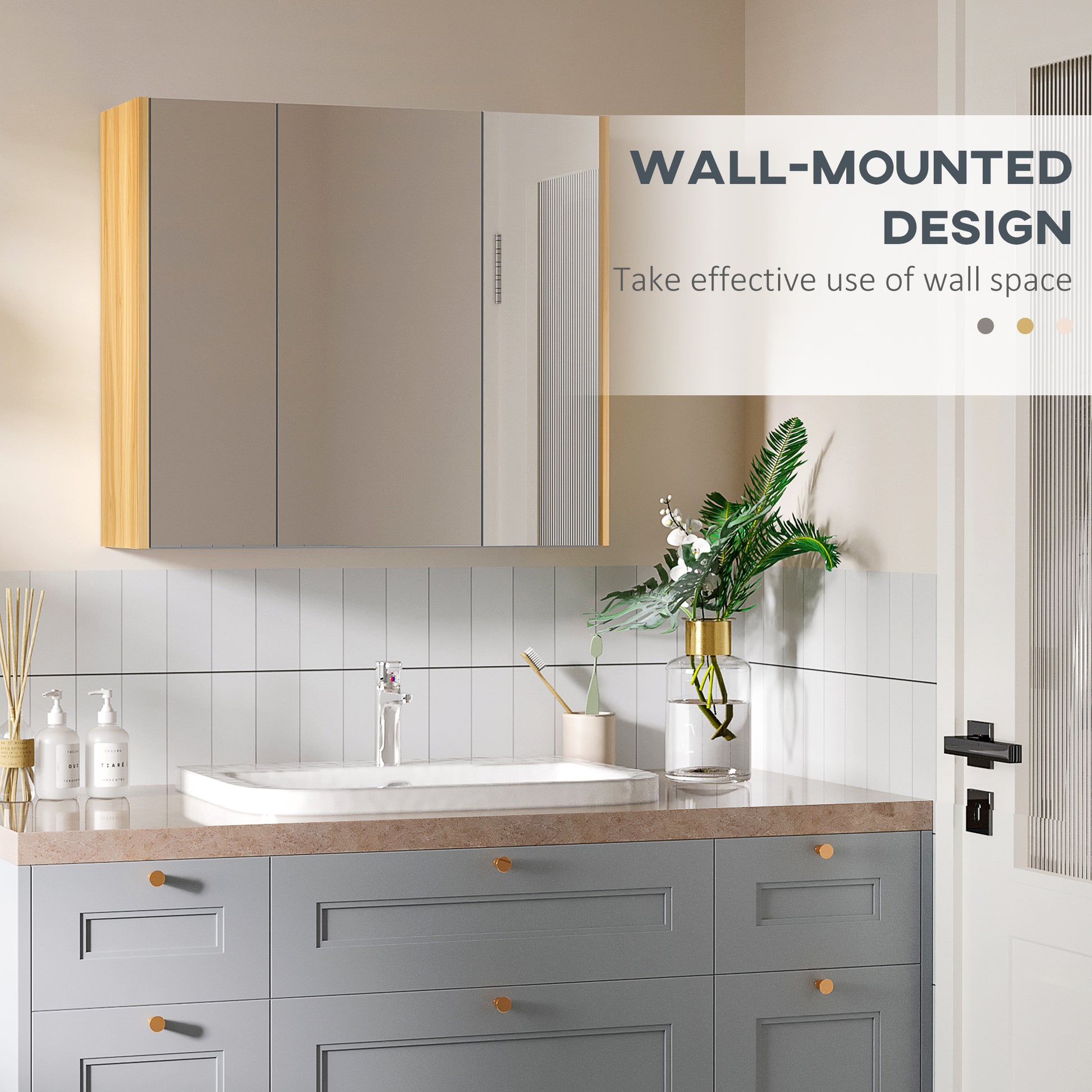 Wall Mounted Medicine Cabinet with Mirror Wall Mirror Cabinet with 3 Doors and Adjustable Storage Shelves Gray