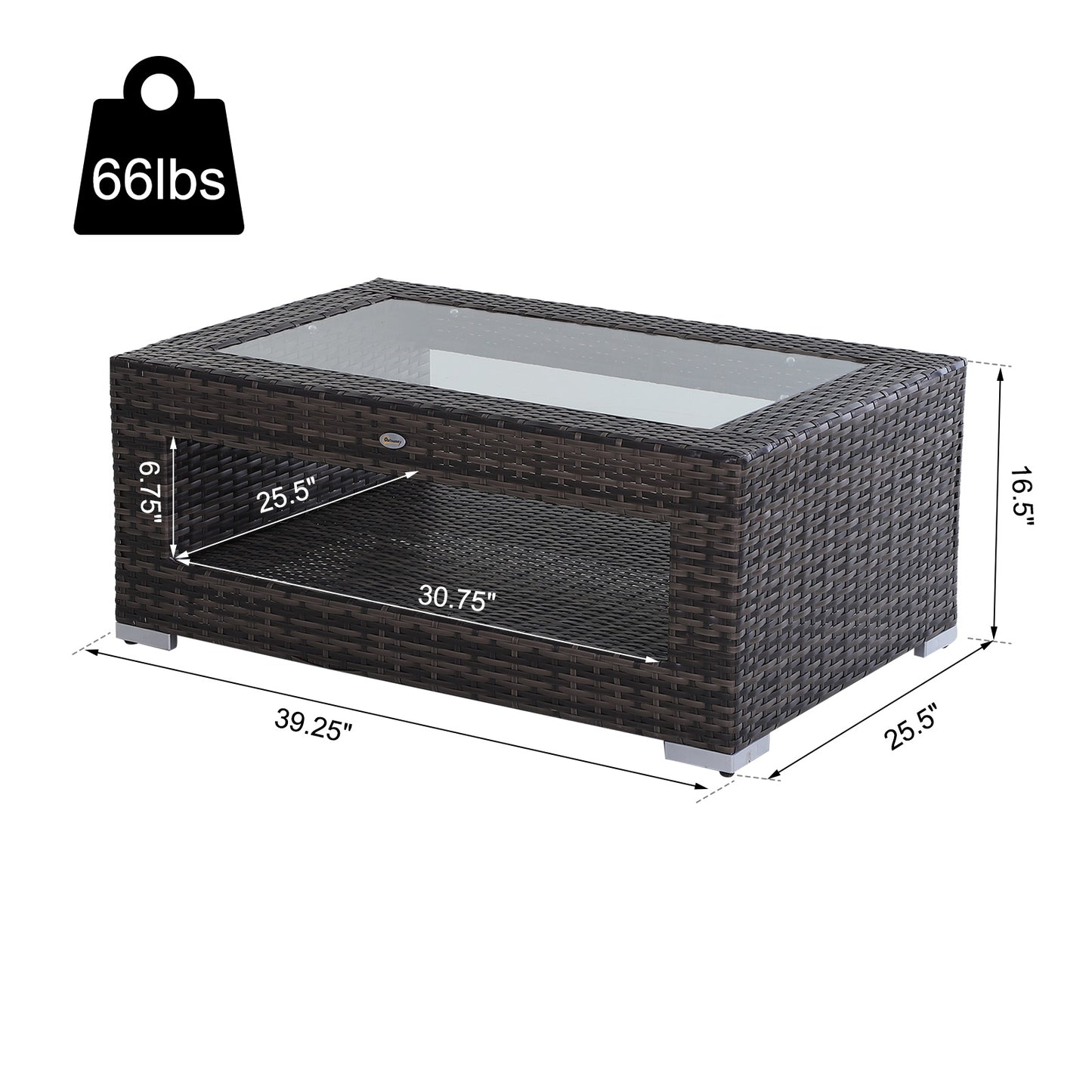 2-Tier Rattan Patio Coffee Table Outdoor Side Table PE Wicker Patio Garden Tea End Desk with Tempered Glass Top & Storage for Balcony, Backyard, Poolside