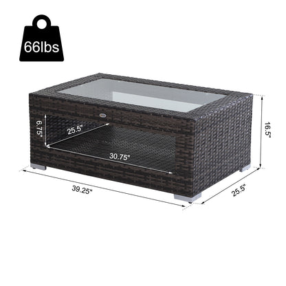2-Tier Rattan Patio Coffee Table Outdoor Side Table PE Wicker Patio Garden Tea End Desk with Tempered Glass Top & Storage for Balcony, Backyard, Poolside