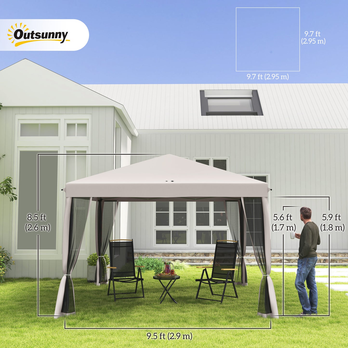 10' x 10' Pop Up Canopy Tent Gazebo, Foldable Canopy Tent with Zipper Mesh Sidewalls and Carry Bag, Easy Setup Screen Shelter for Backyard Patio Outdoor, Beige