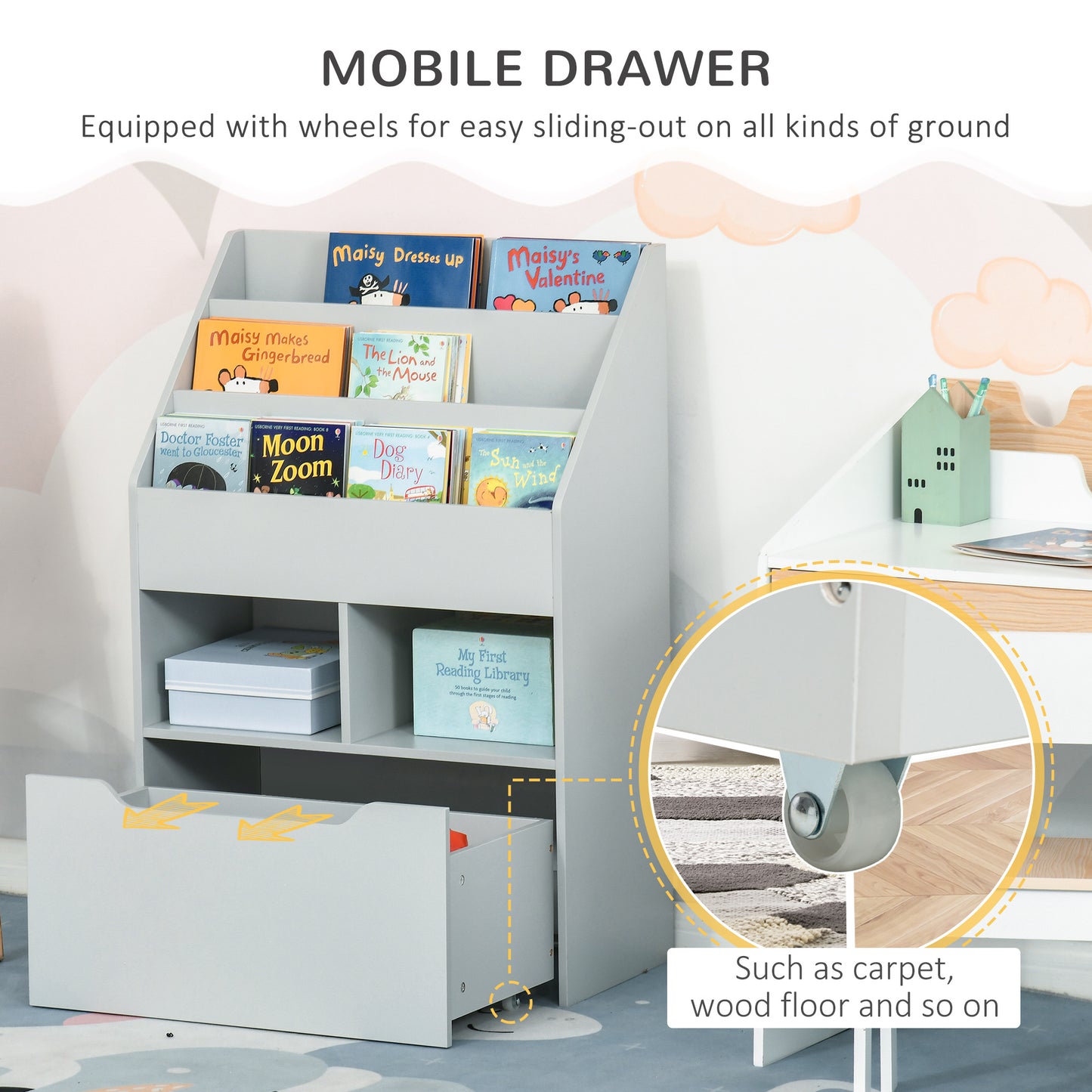 Kids Bookcase Multi-Shelf Rack Organizer with Storage Drawer for Books for Reading Nook, Classroom, Bedroom, Playroom, Grey