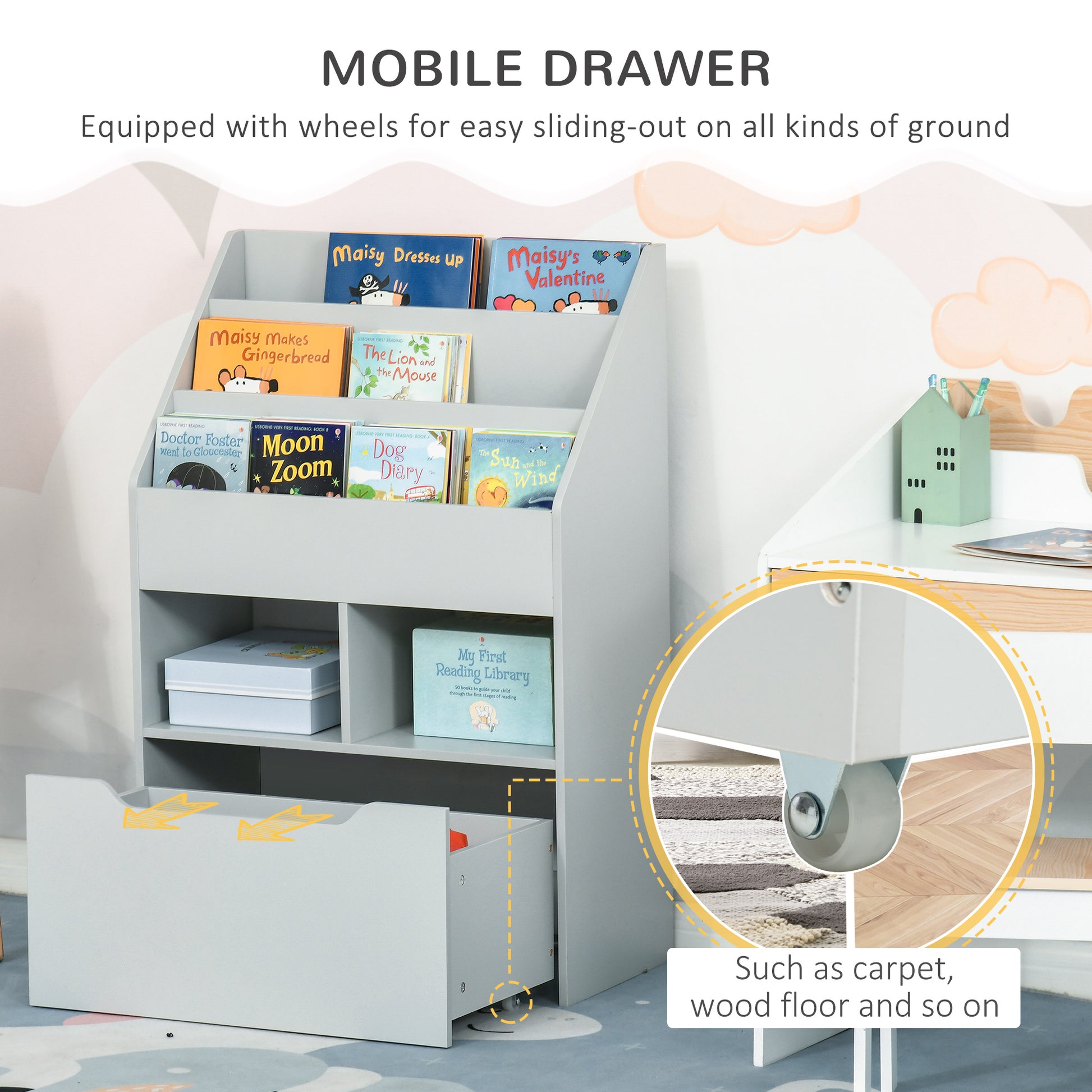Kids Bookcase Multi-Shelf Rack Organizer with Storage Drawer for Books for Reading Nook, Classroom, Bedroom, Playroom, Grey