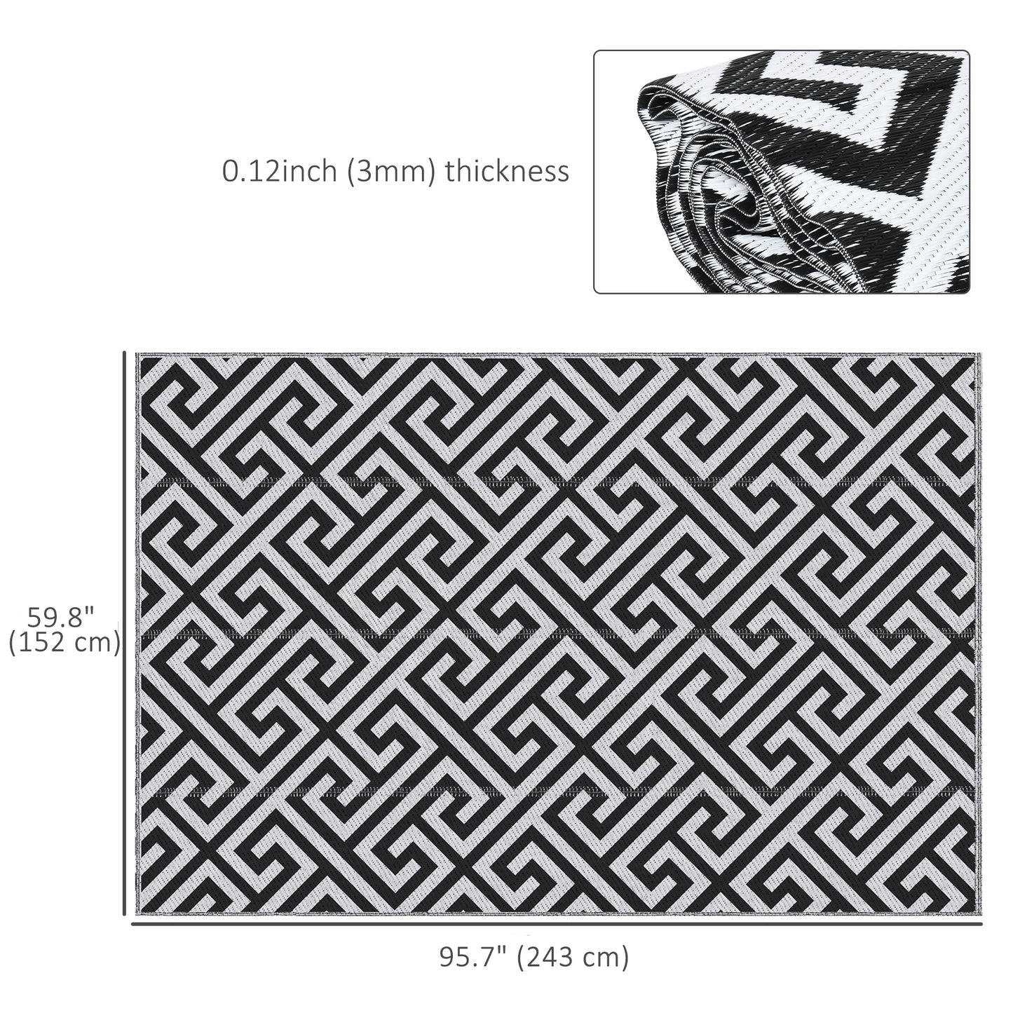 Reversible Outdoor RV Rug, Patio Floor Mat, 5' x 8' Plastic Straw Rug for Backyard, Deck, Beach, Camping, Black & White