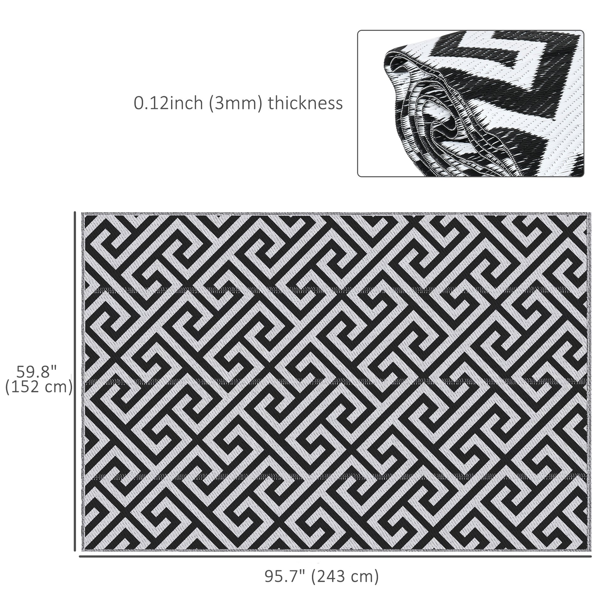Reversible Outdoor RV Rug, Patio Floor Mat, 5' x 8' Plastic Straw Rug for Backyard, Deck, Beach, Camping, Black & White