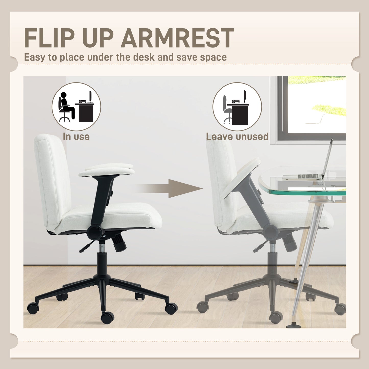 Criss Cross Chair with Flip-up Armrests, Wheels, Wide Office Chair with Adjustable Height, Tilting, Cream White