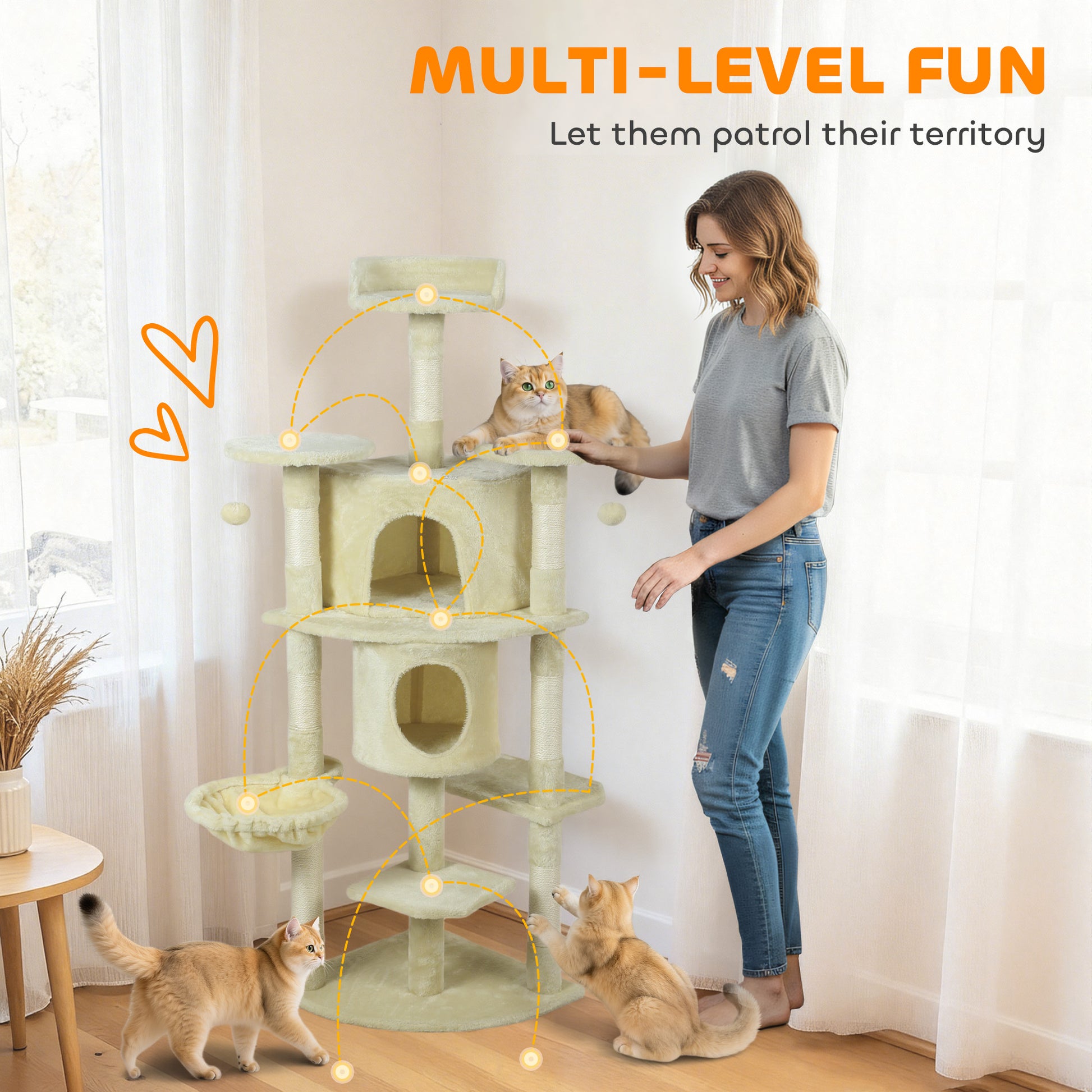 62" Cat Tree with Scratching Post, 2 Condos, Hammock, Perches, Plush, Pompoms, for Indoor Cats, Beige