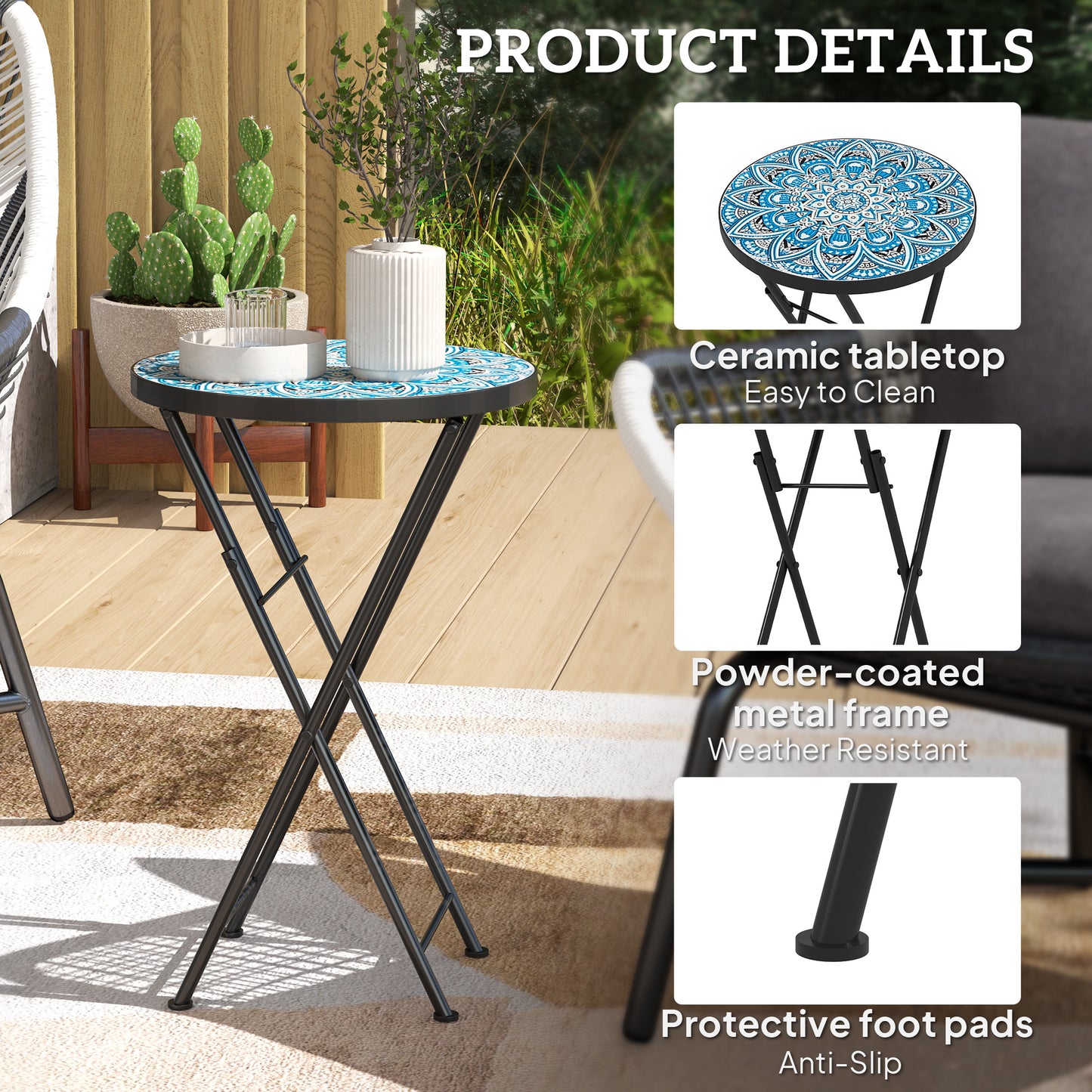 Mosaic Outdoor Patio Side Table, 14" Round Folding Outdoor Coffee Table with Steel Frame for Balcony Deck Patio Terrace, Blue