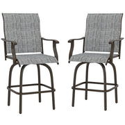 Outdoor Bar Stools Set of 2, Swivel Bar Height Chairs with High Back, Curved Armrests and Steel Frame, Mixed Grey