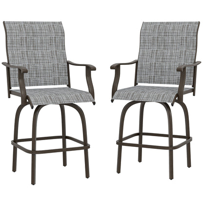 Outdoor Bar Stools Set of 2, Swivel Bar Height Chairs with High Back, Curved Armrests and Steel Frame, Mixed Grey