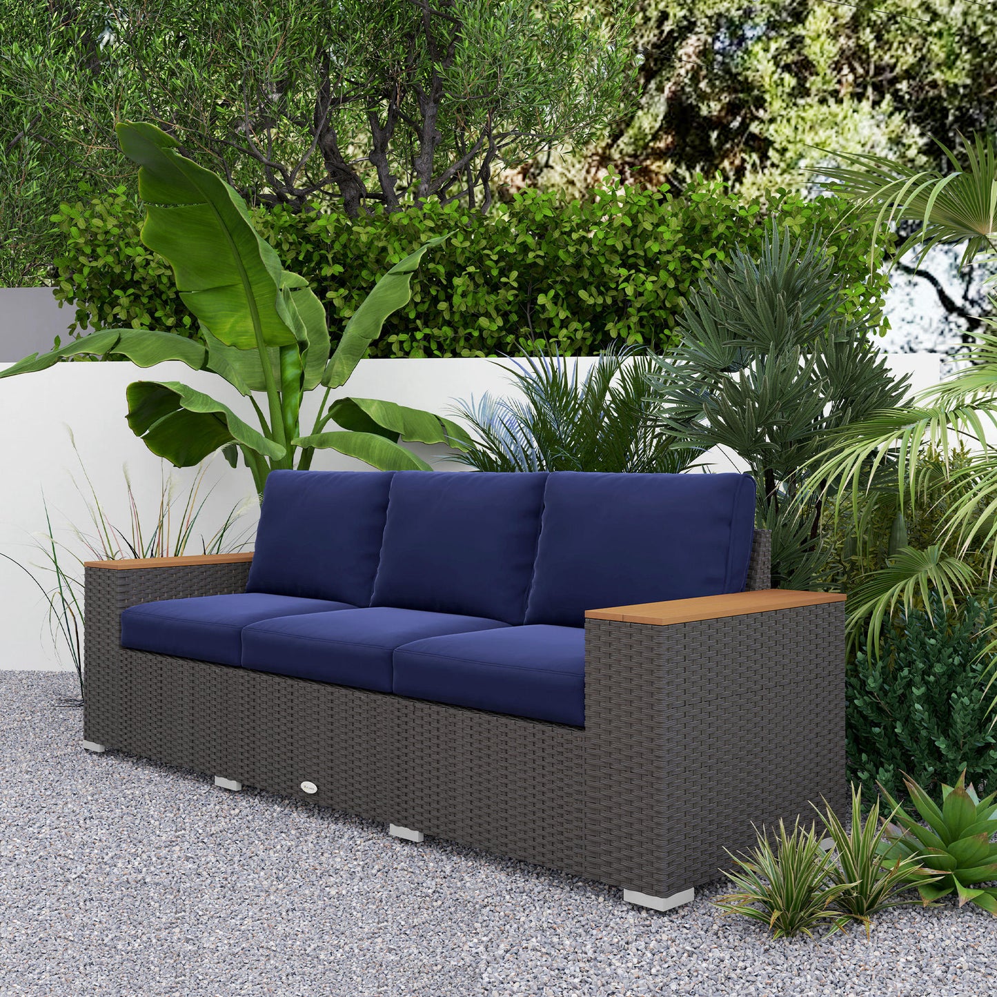 3-Seater Outdoor Sofa Couch, PE Wicker Patio Sofa with Cushions, Wood Grain Armrests, Dark Blue