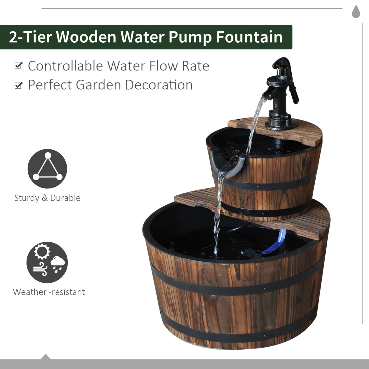 2-Tier Wooden Barrel Water Fountain with Electric Pump Cascading Feature Outdoor Indoor Decoration