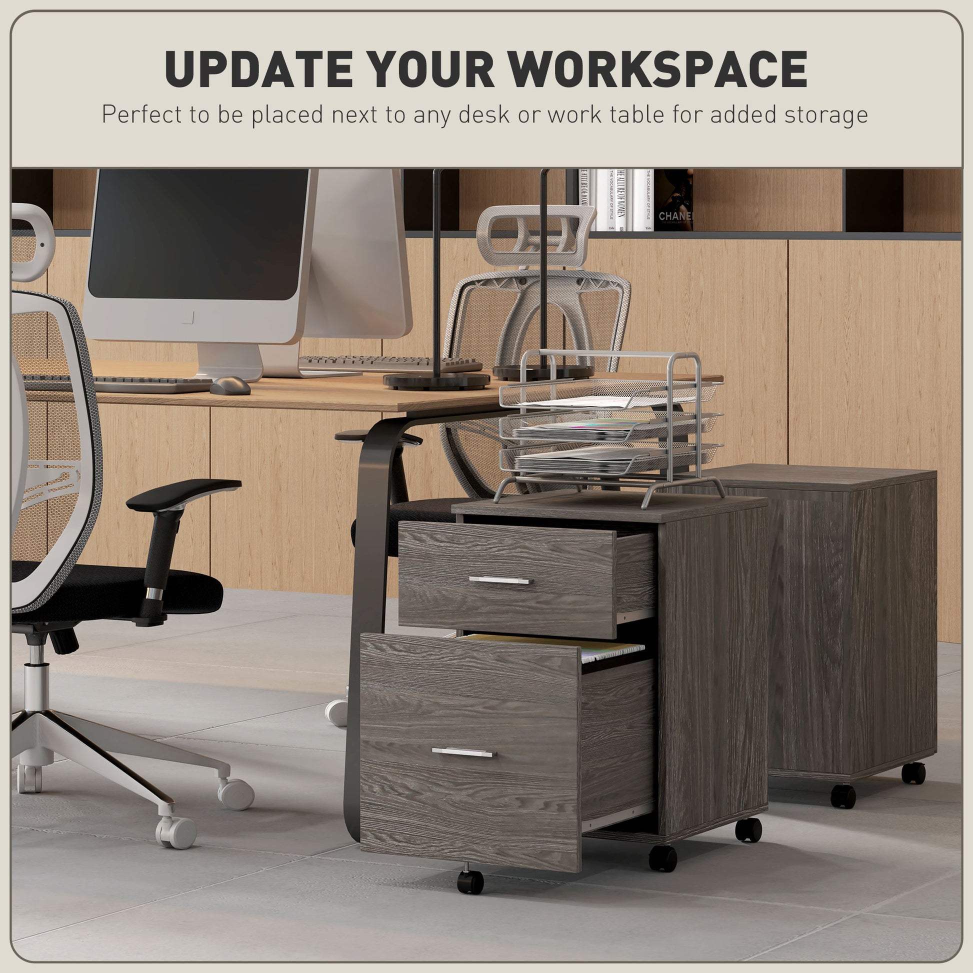 Mobile Filing Cabinet, Vertical File Cabinet with 2 Drawers, Wheels, for Letter or A4 File, Grey