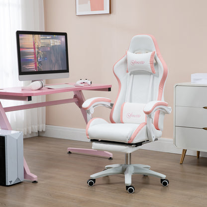 Computer Gaming Chair, PU Leather Office Desk Chair with Footrest, Swivel Wheels, 135° Reclining Back, White