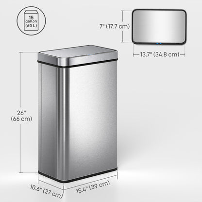 15.9 Gallon Sensor Can, Automatic Garbage Can with Soft-Close Lid, Fingerprint-Proof Stainless Steel, Silver