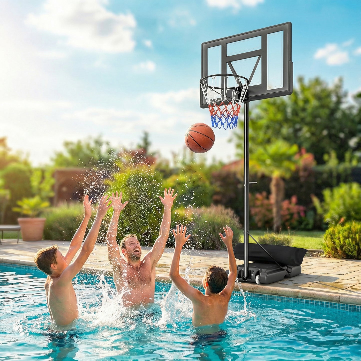 Soozier Basketball Hoop Stand Outdoor, 4.4–10 ft Single Hand Rotation Adjustable with Shatterproof Backboard & Weight Bag