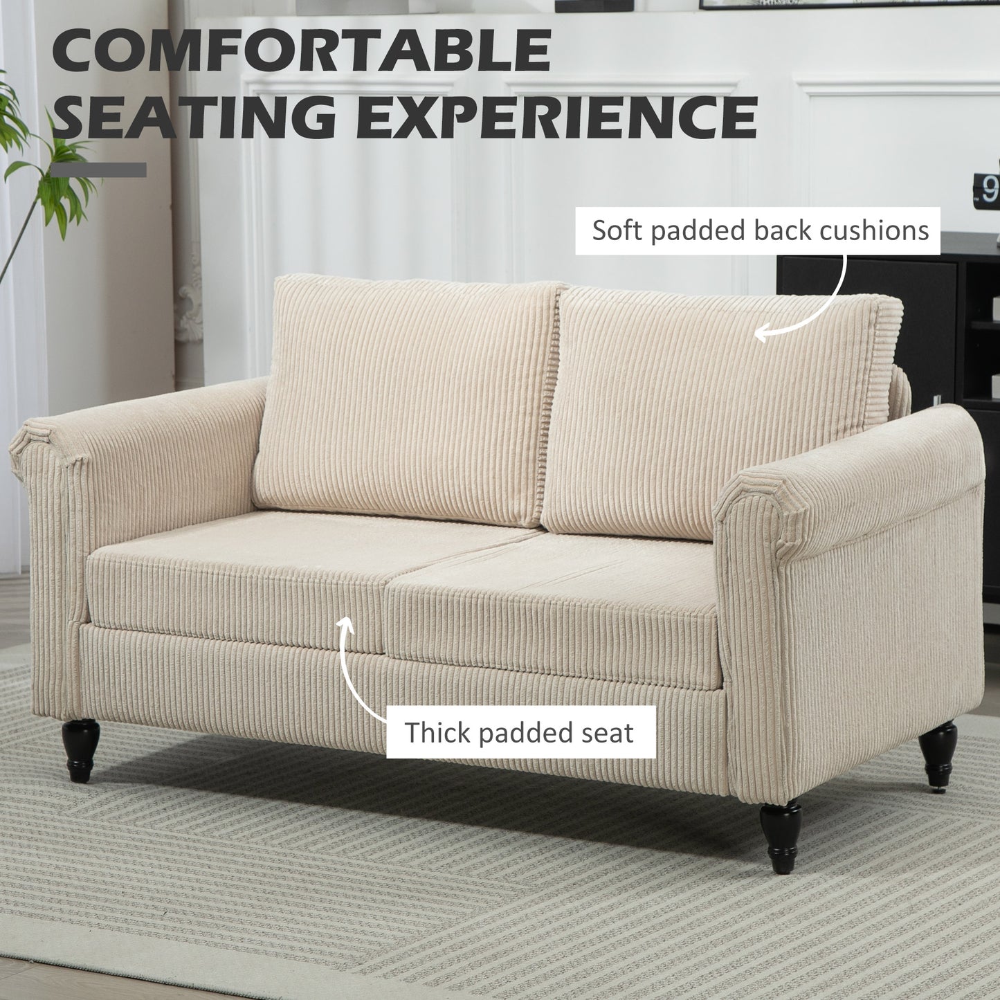 Vintage Loveseat, Upholstered Love Seat Furniture, Fabric 2 Seater Sofa with Rolled Arms, Rubber Wood Legs, Beige