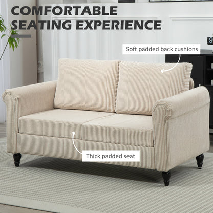 Vintage Loveseat, Upholstered Love Seat Furniture, Fabric 2 Seater Sofa with Rolled Arms, Rubber Wood Legs, Beige
