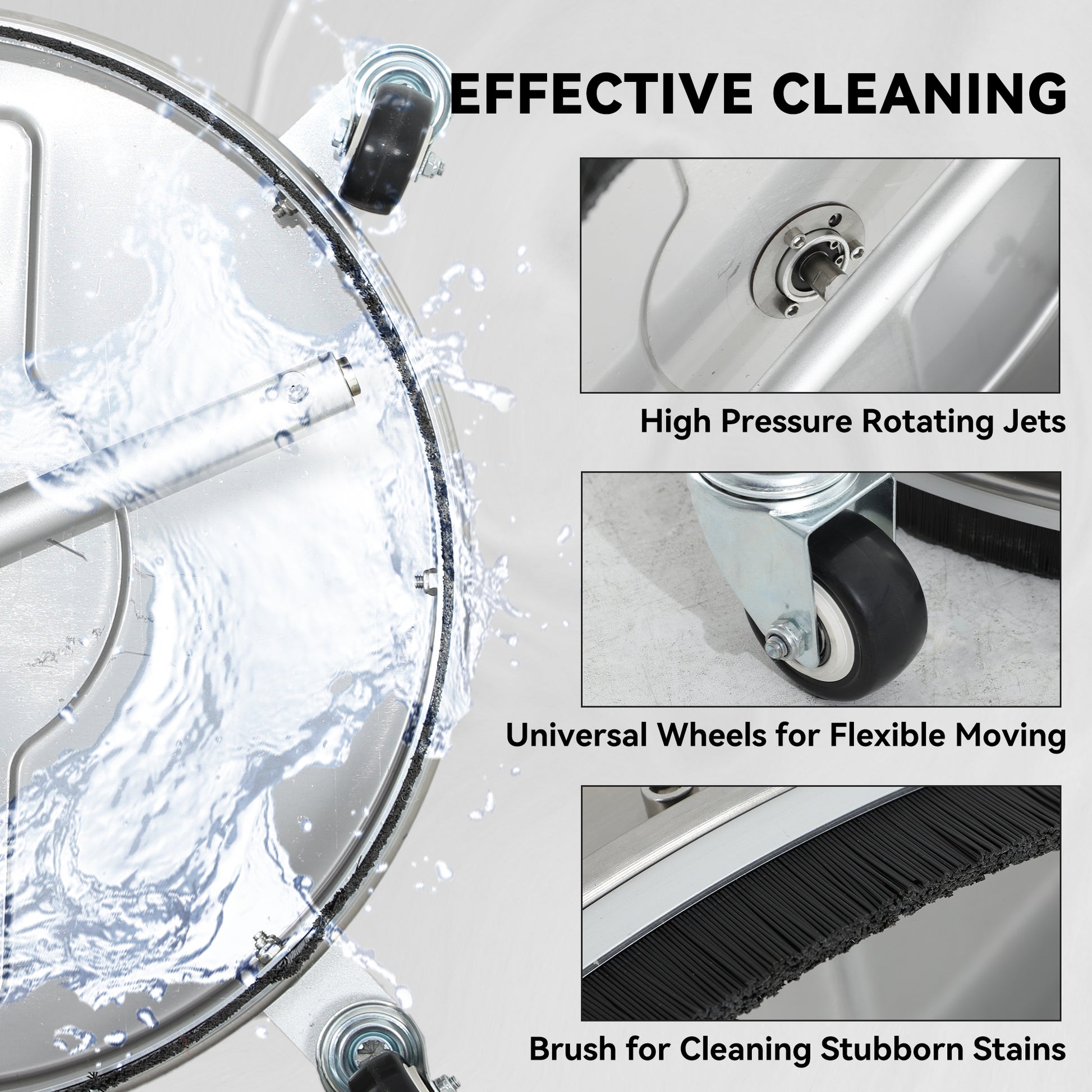 16" Pressure Washer Surface Cleaner with 4 Wheels, Stainless Steel Power Washer Surface Cleaner with 1/4" Quick Connector, 2 Extension Wands, 3600 PSI, Silver