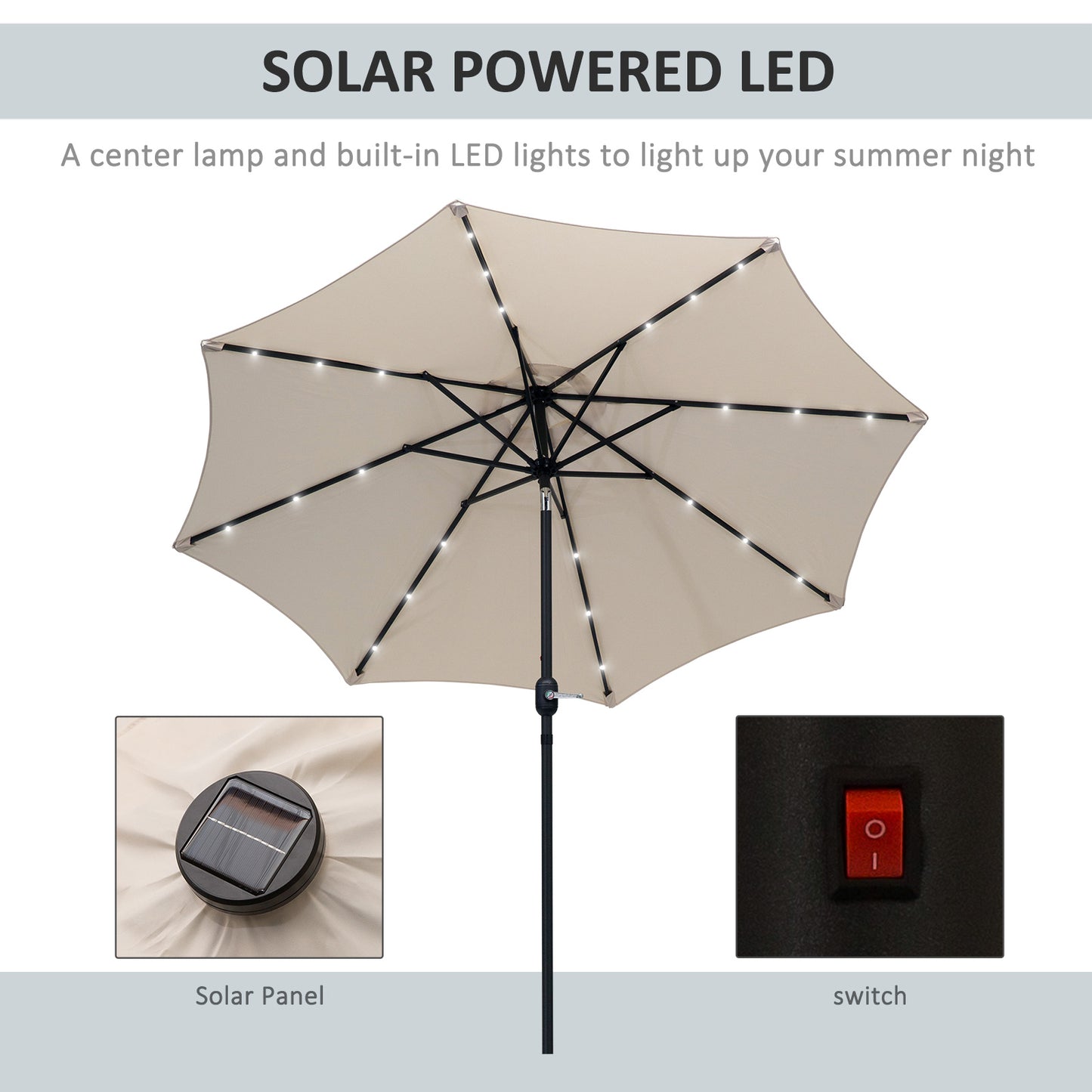 8.8ft Solar Patio Umbrella Outdoor Sunshade 24 LED Lights Tilt Canopy Cream