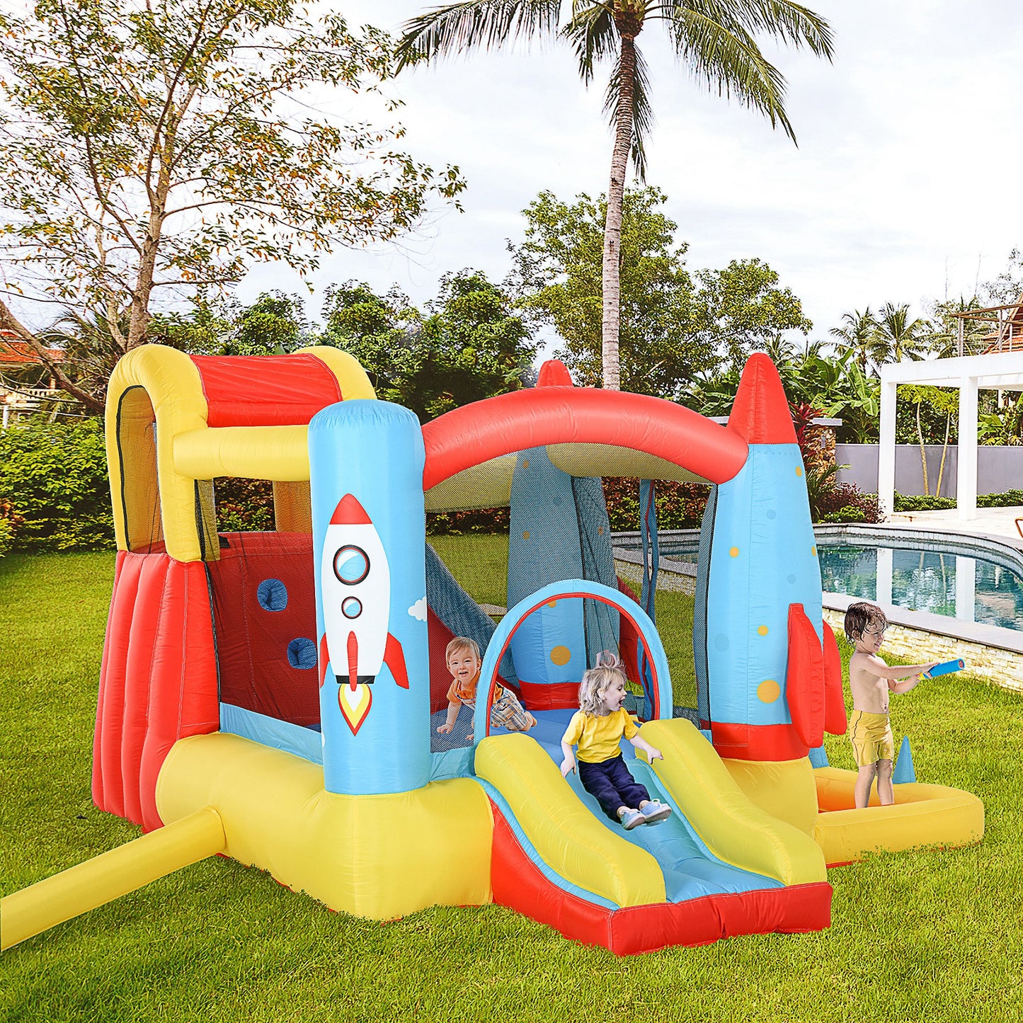 Bounce Castle Inflatable Trampoline Slide Pool Rocket Design 11.14' x 9.18' x 6.06'