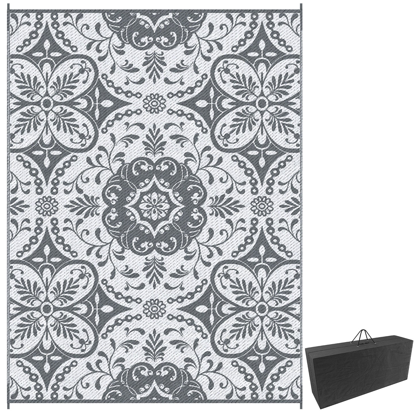Portable Outdoor Rug with Carry Bag, 9' x 12' Reversible Mat, Waterproof Plastic Straw RV Rug for Backyard, Deck, Picnic, Beach, Camping, Gray & White Flower