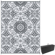 Portable Outdoor Rug with Carry Bag, 9' x 12' Reversible Mat, Waterproof Plastic Straw RV Rug for Backyard, Deck, Picnic, Beach, Camping, Gray & White Flower