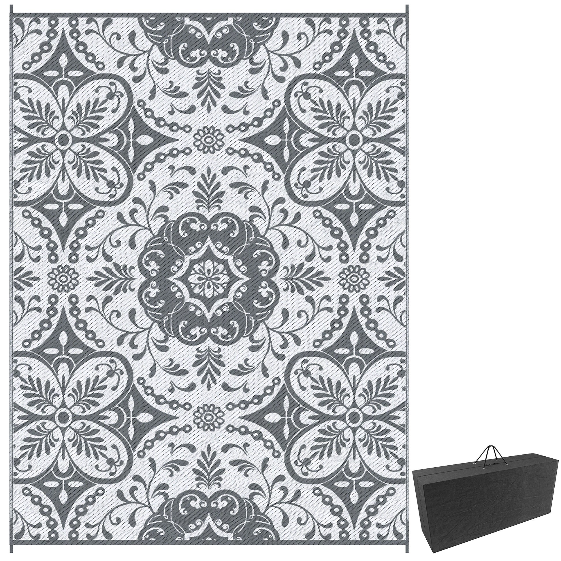 Portable Outdoor Rug with Carry Bag, 9' x 12' Reversible Mat, Waterproof Plastic Straw RV Rug for Backyard, Deck, Picnic, Beach, Camping, Gray & White Flower