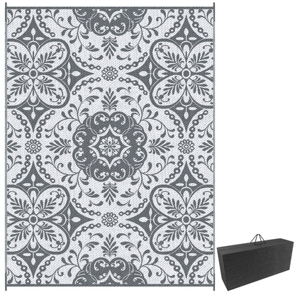 Portable Outdoor Rug with Carry Bag, 9' x 12' Reversible Mat, Waterproof Plastic Straw RV Rug for Backyard, Deck, Picnic, Beach, Camping, Gray & White Flower