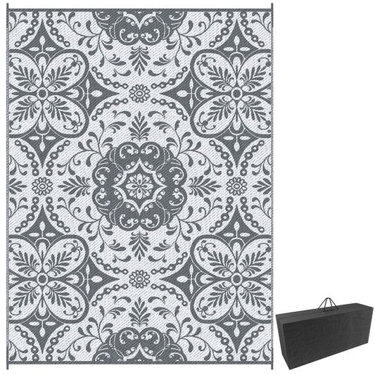 Portable Outdoor Rug with Carry Bag, 9' x 12' Reversible Mat, Waterproof Plastic Straw RV Rug for Backyard, Deck, Picnic, Beach, Camping, Gray & White Flower