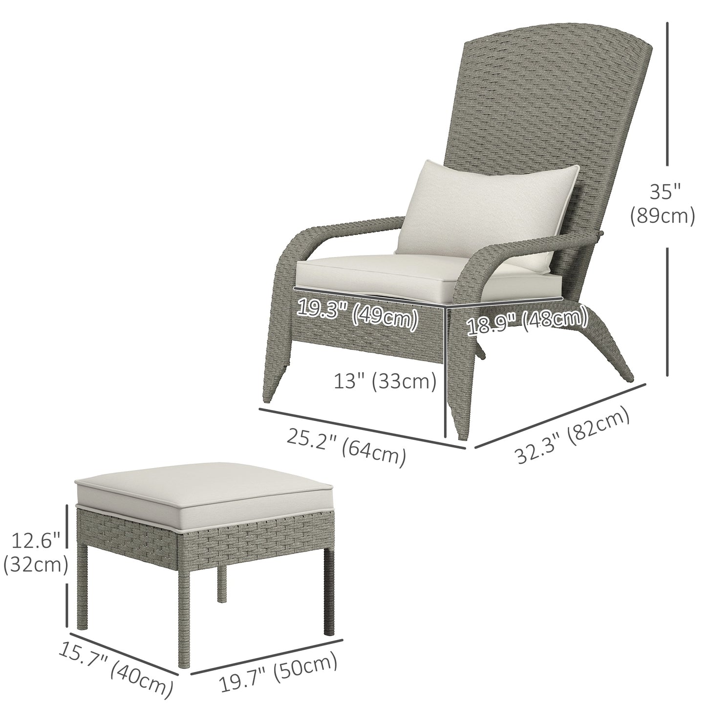 Wicker Adirondack Chair with Ottoman, Patio Cushioned Muskoka Chair, Outdoor Fire Pit Chair with High-back and Armrests, for Deck, Garden, Backyard, Grey/Cream White